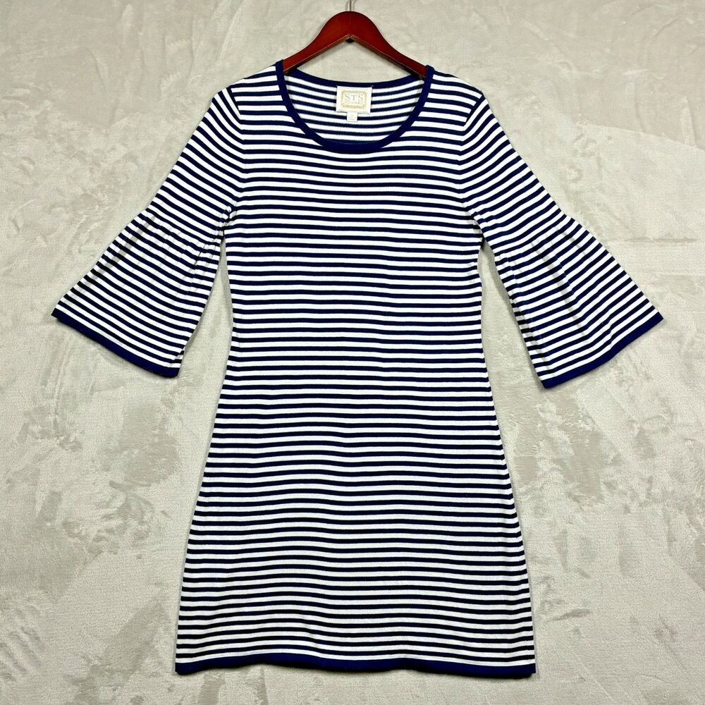 Sail to Sable STS Womens M Nautical Stripe Sweater Dress Bell Sleeve Cotton Knit